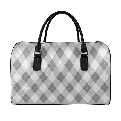 Grey Argyle Pattern Print Leather Duffle Bag