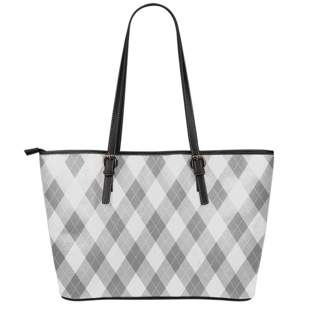 Grey Argyle Pattern Print Leather Tote Bag