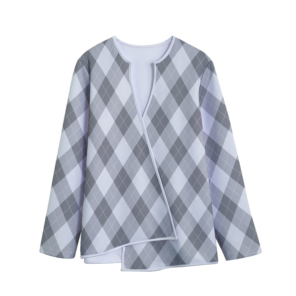Grey Argyle Pattern Print Long Sleeve Short Coat