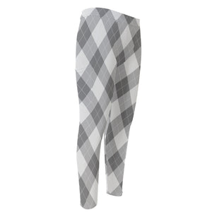 Grey Argyle Pattern Print Men's Compression Pants