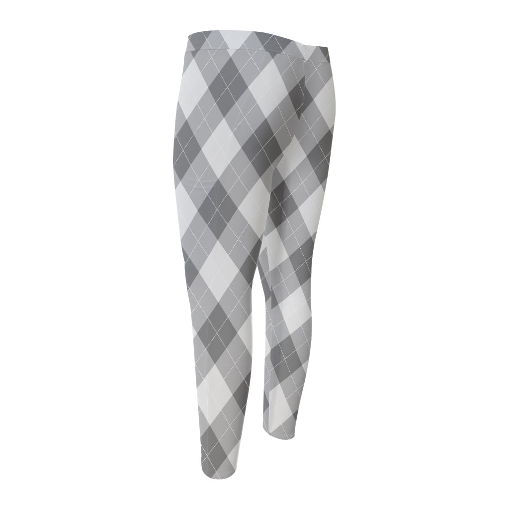 Grey Argyle Pattern Print Men's Compression Pants