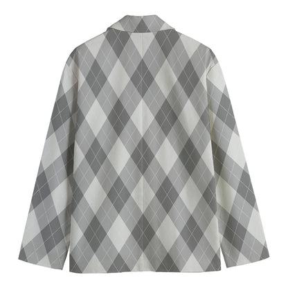 Grey Argyle Pattern Print Men's Cotton Blazer
