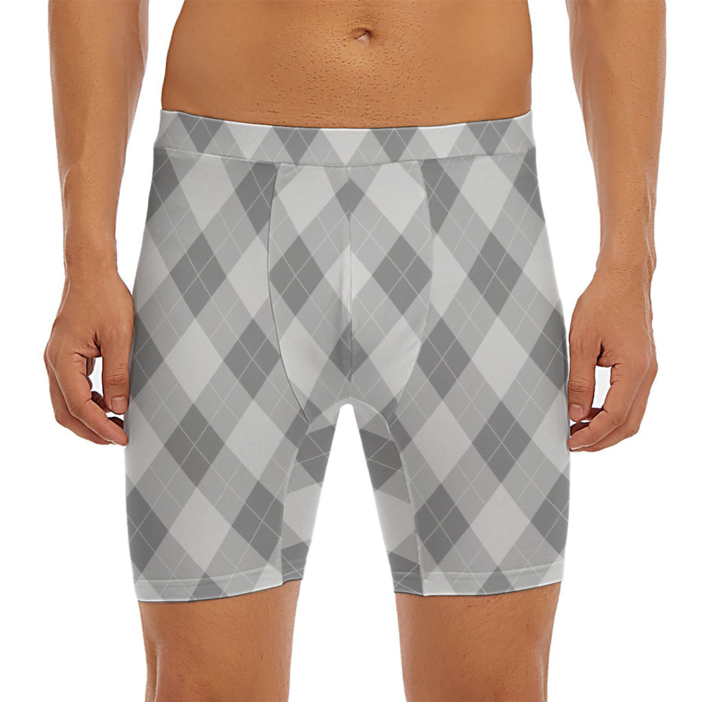 Grey Argyle Pattern Print Men's Long Boxer Briefs