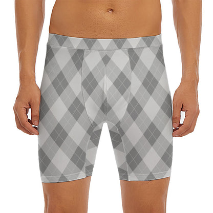 Grey Argyle Pattern Print Men's Long Boxer Briefs