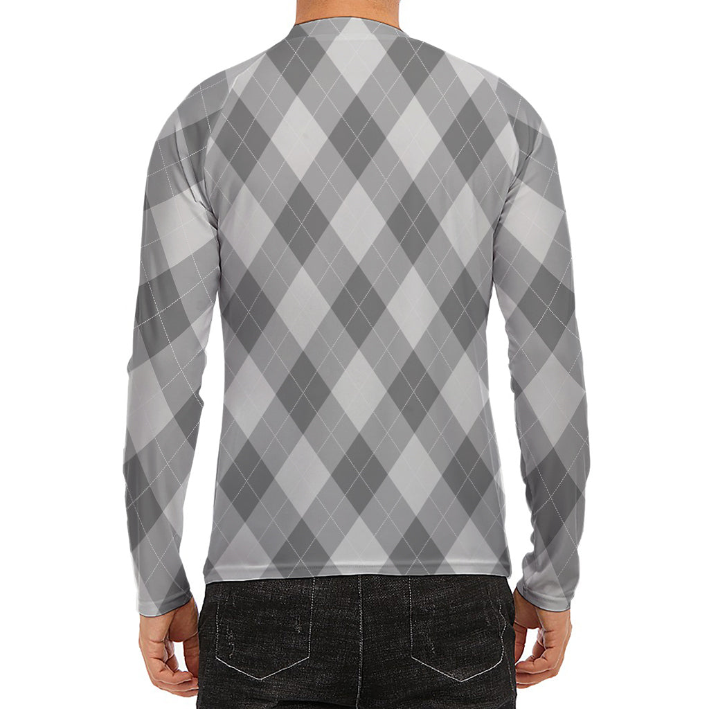 Grey Argyle Pattern Print Men's Long Sleeve Rash Guard