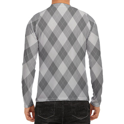 Grey Argyle Pattern Print Men's Long Sleeve Rash Guard
