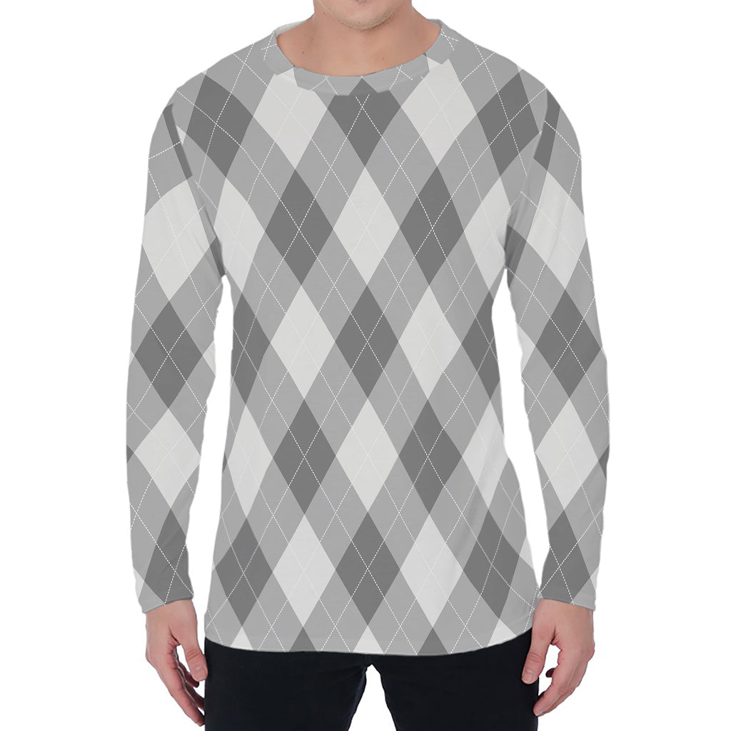 Grey Argyle Pattern Print Men's Long Sleeve T-Shirt