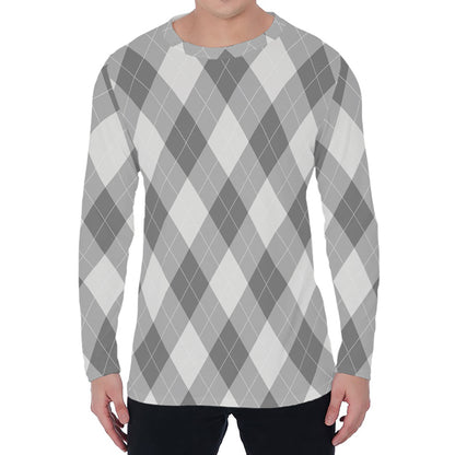Grey Argyle Pattern Print Men's Long Sleeve T-Shirt