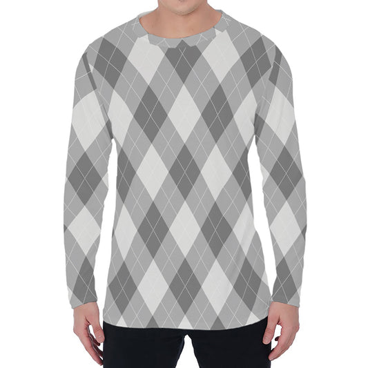 Grey Argyle Pattern Print Men's Long Sleeve T-Shirt