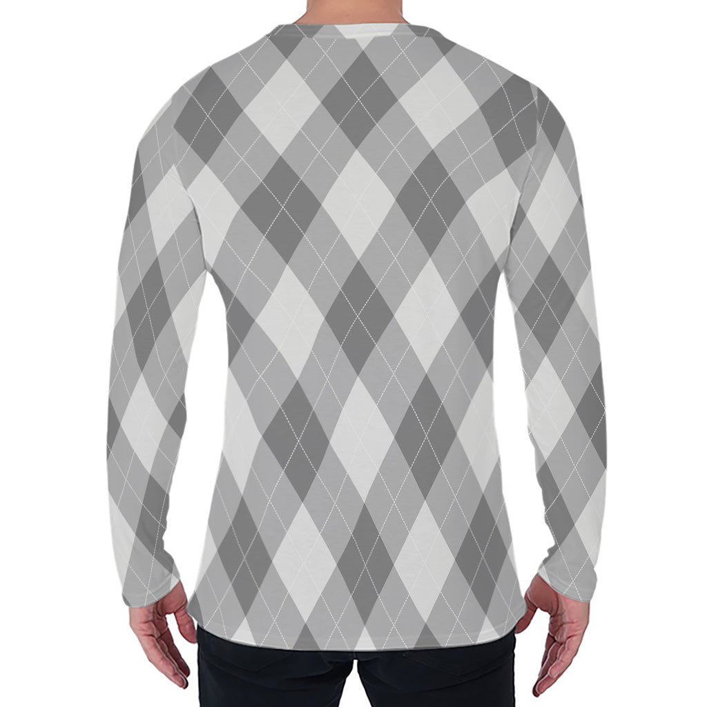 Grey Argyle Pattern Print Men's Long Sleeve T-Shirt