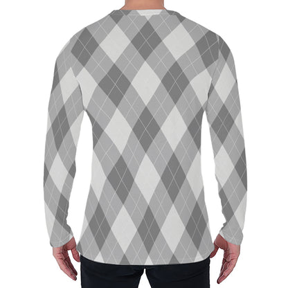Grey Argyle Pattern Print Men's Long Sleeve T-Shirt