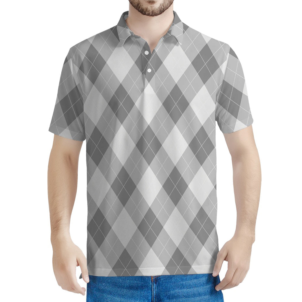 Grey Argyle Pattern Print Men's Polo Shirt
