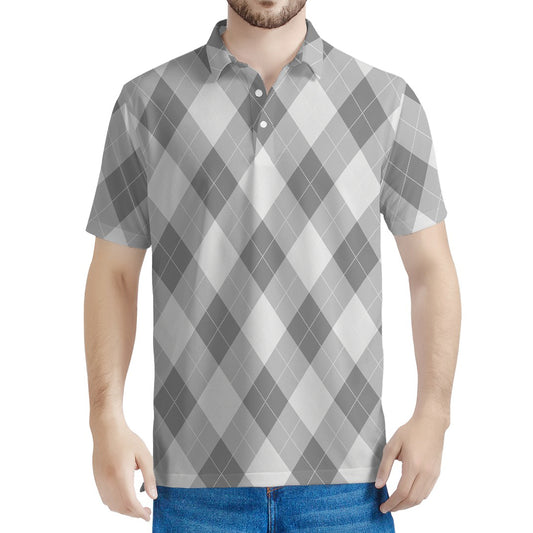 Grey Argyle Pattern Print Men's Polo Shirt