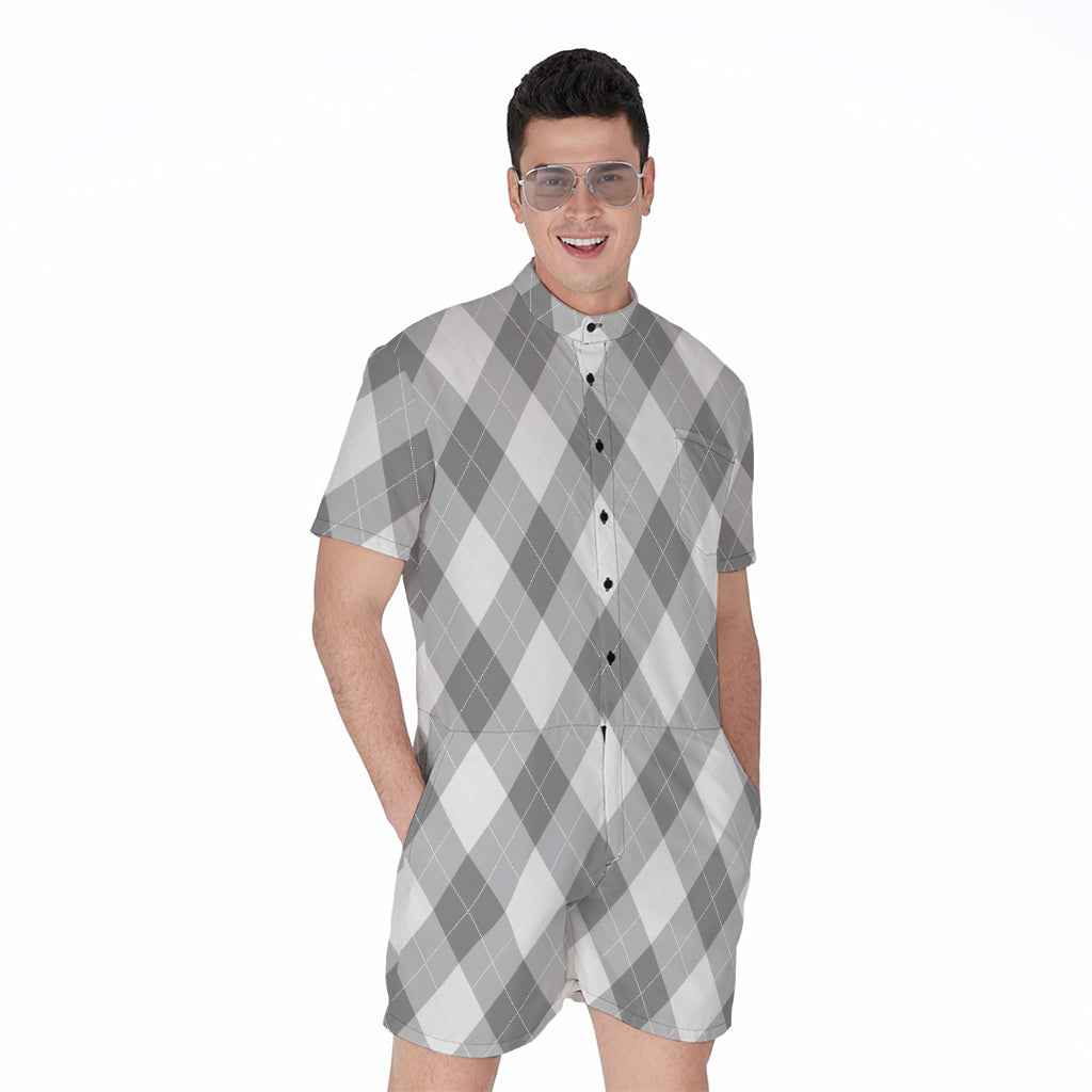 Grey Argyle Pattern Print Men's Rompers