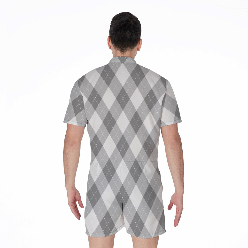Grey Argyle Pattern Print Men's Rompers