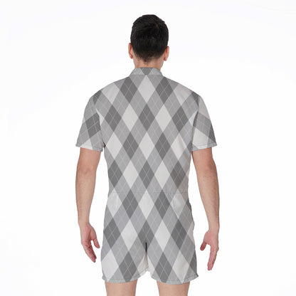 Grey Argyle Pattern Print Men's Rompers