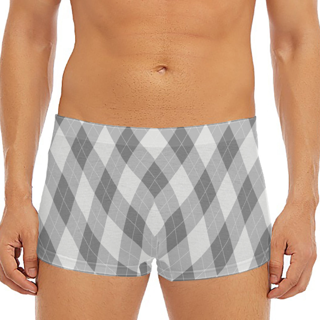 Grey Argyle Pattern Print Men's Short Boxer Briefs