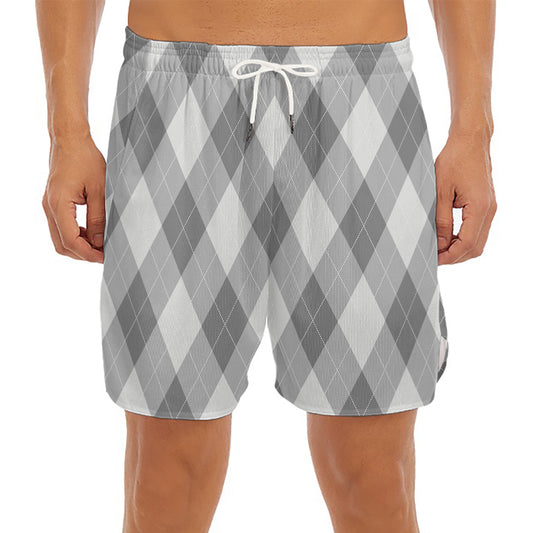 Grey Argyle Pattern Print Men's Split Running Shorts