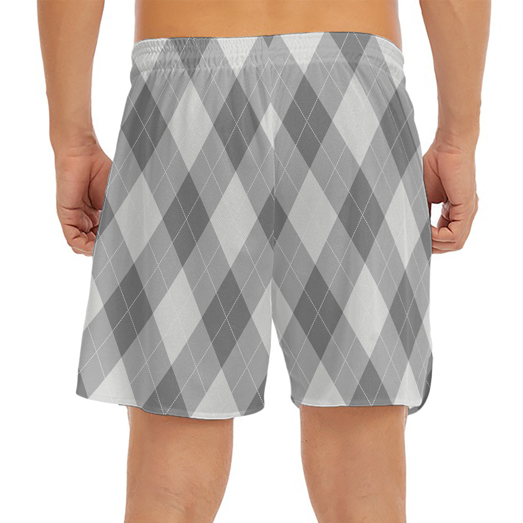 Grey Argyle Pattern Print Men's Split Running Shorts