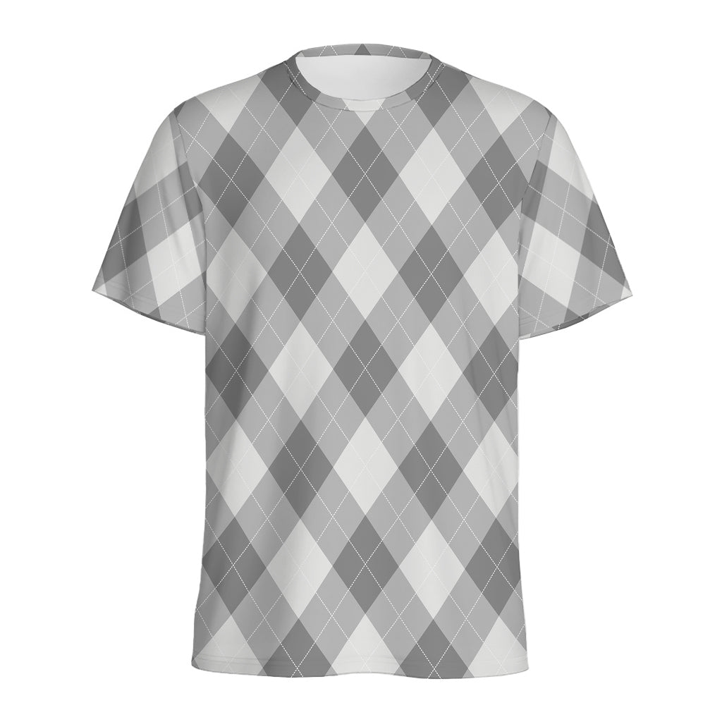 Grey Argyle Pattern Print Men's Sports T-Shirt
