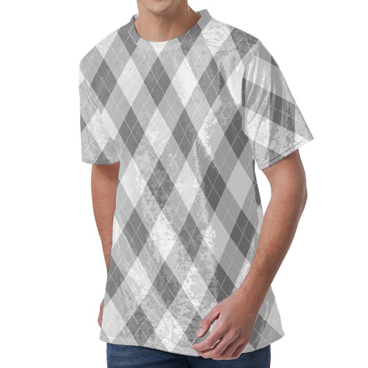 Grey Argyle Pattern Print Men's Velvet T-Shirt