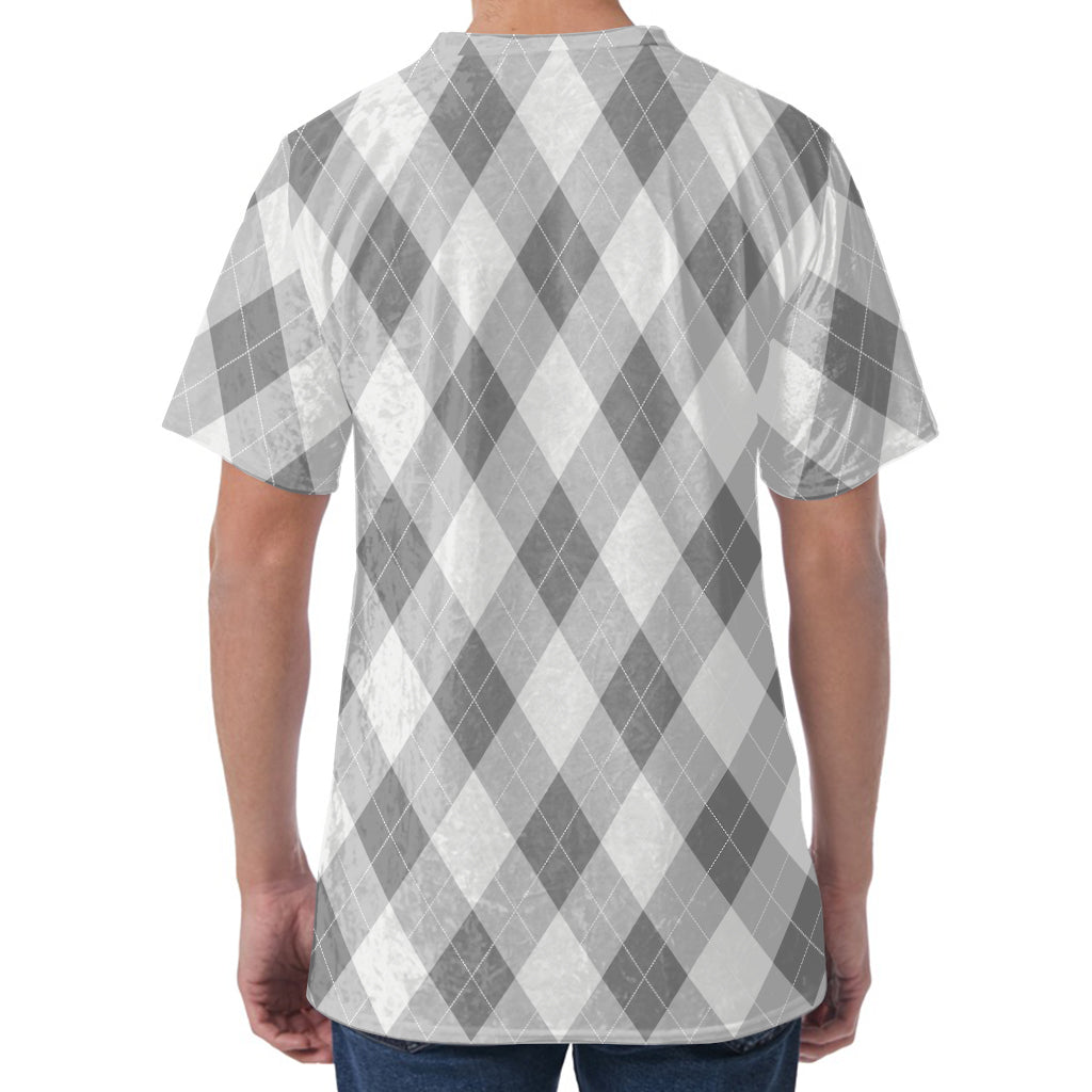 Grey Argyle Pattern Print Men's Velvet T-Shirt