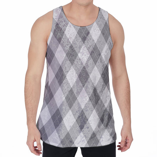Grey Argyle Pattern Print Men's Velvet Tank Top