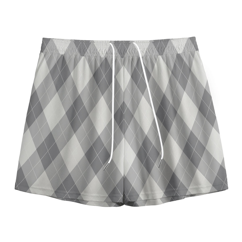 Grey Argyle Pattern Print Mesh Shorts