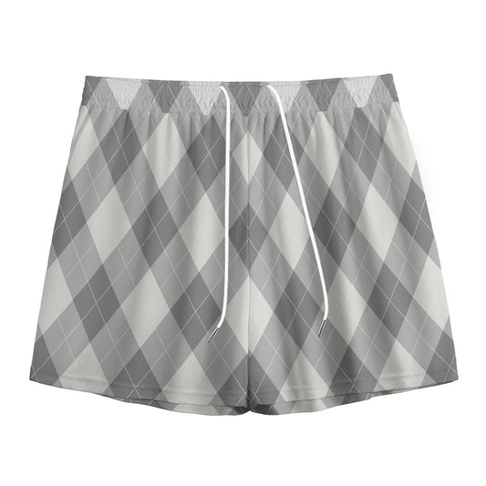Grey Argyle Pattern Print Mesh Shorts