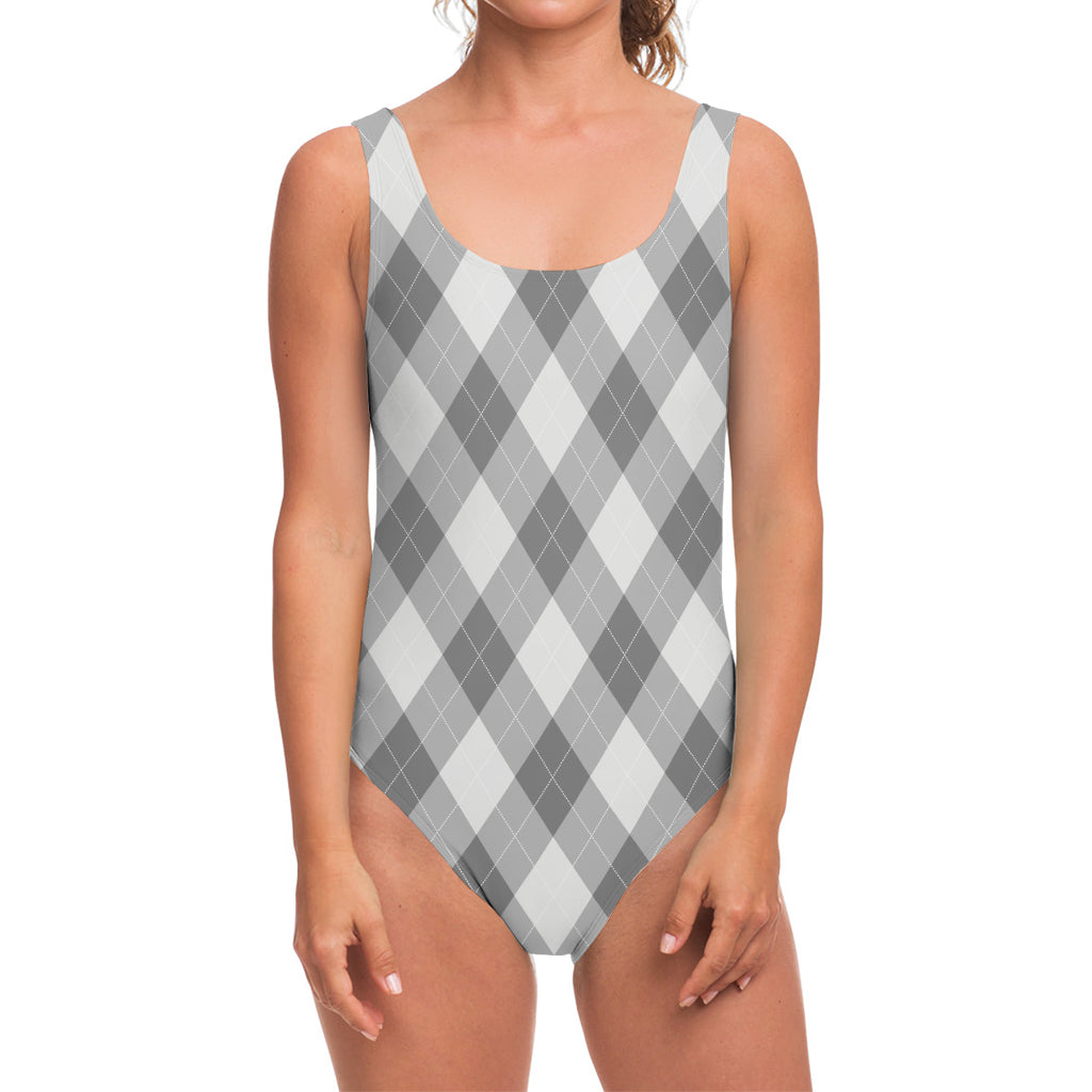 Grey Argyle Pattern Print One Piece Swimsuit