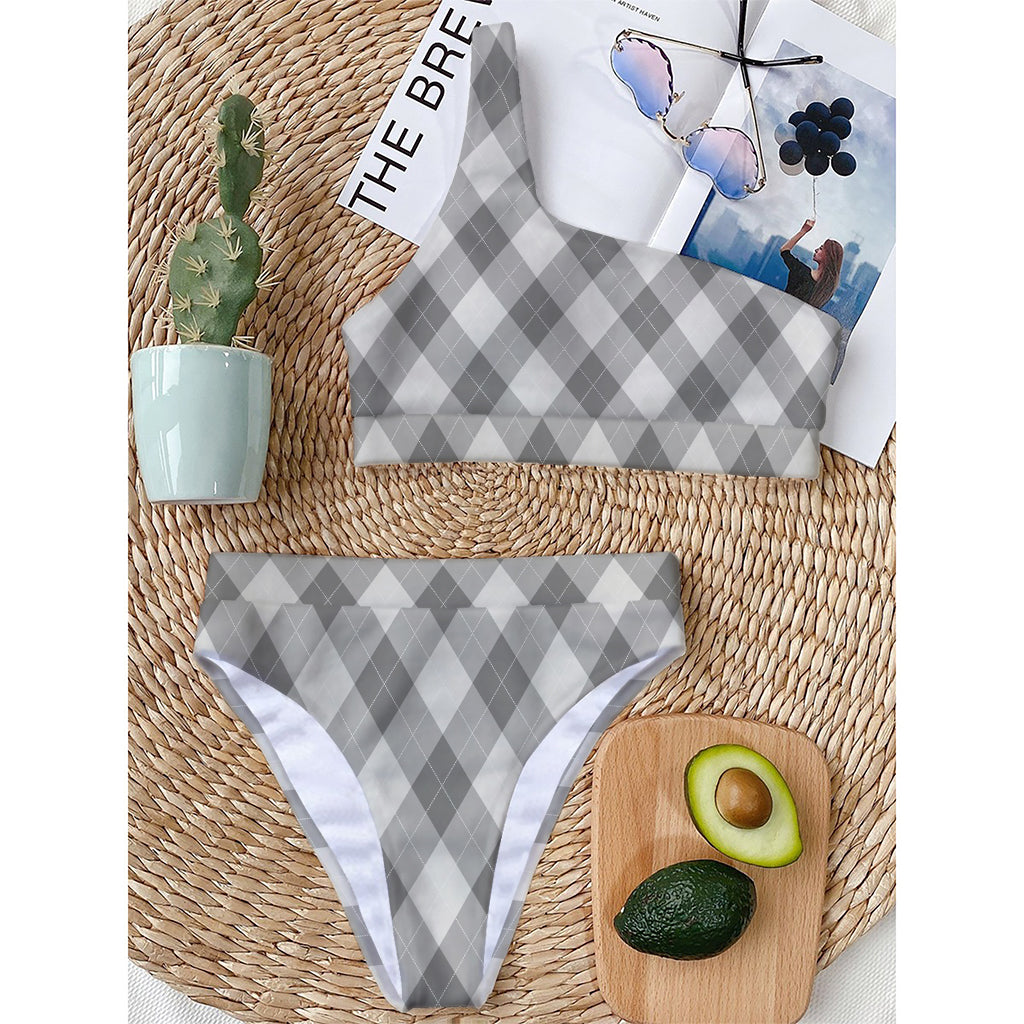 Grey Argyle Pattern Print One Shoulder Bikini Top