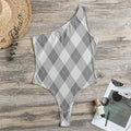 Grey Argyle Pattern Print One Shoulder Bodysuit