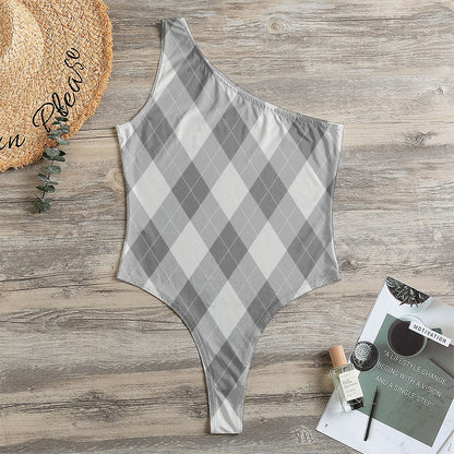 Grey Argyle Pattern Print One Shoulder Bodysuit