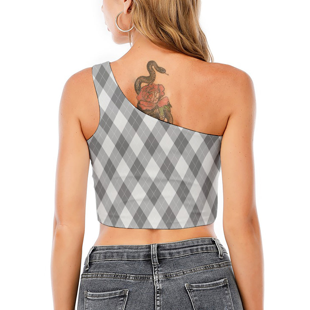 Grey Argyle Pattern Print One Shoulder Crop Top
