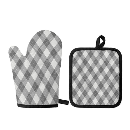 Grey Argyle Pattern Print Oven Mitt And Pot Holder Set