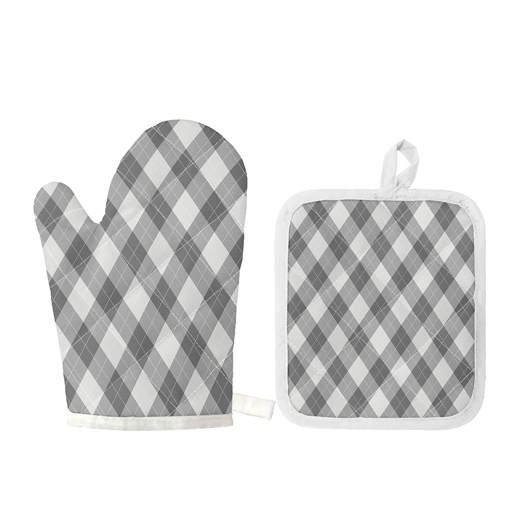 Grey Argyle Pattern Print Oven Mitt And Pot Holder Set
