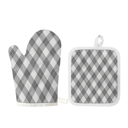 Grey Argyle Pattern Print Oven Mitt And Pot Holder Set