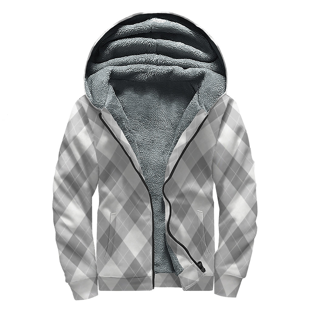 Grey Argyle Pattern Print Sherpa Lined Zip Up Hoodie