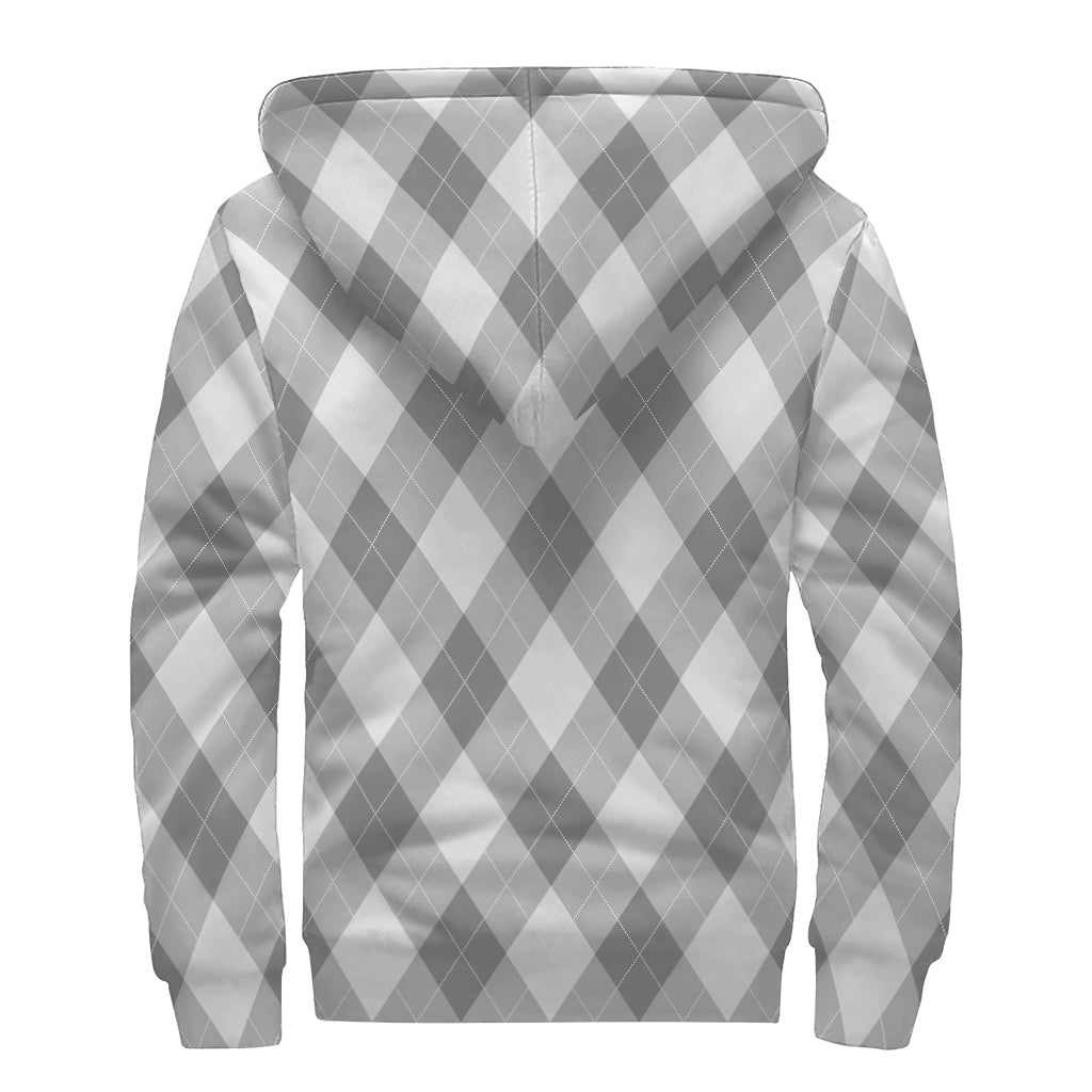 Grey Argyle Pattern Print Sherpa Lined Zip Up Hoodie