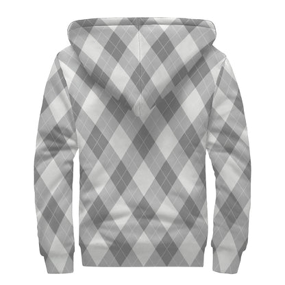 Grey Argyle Pattern Print Sherpa Lined Zip Up Hoodie