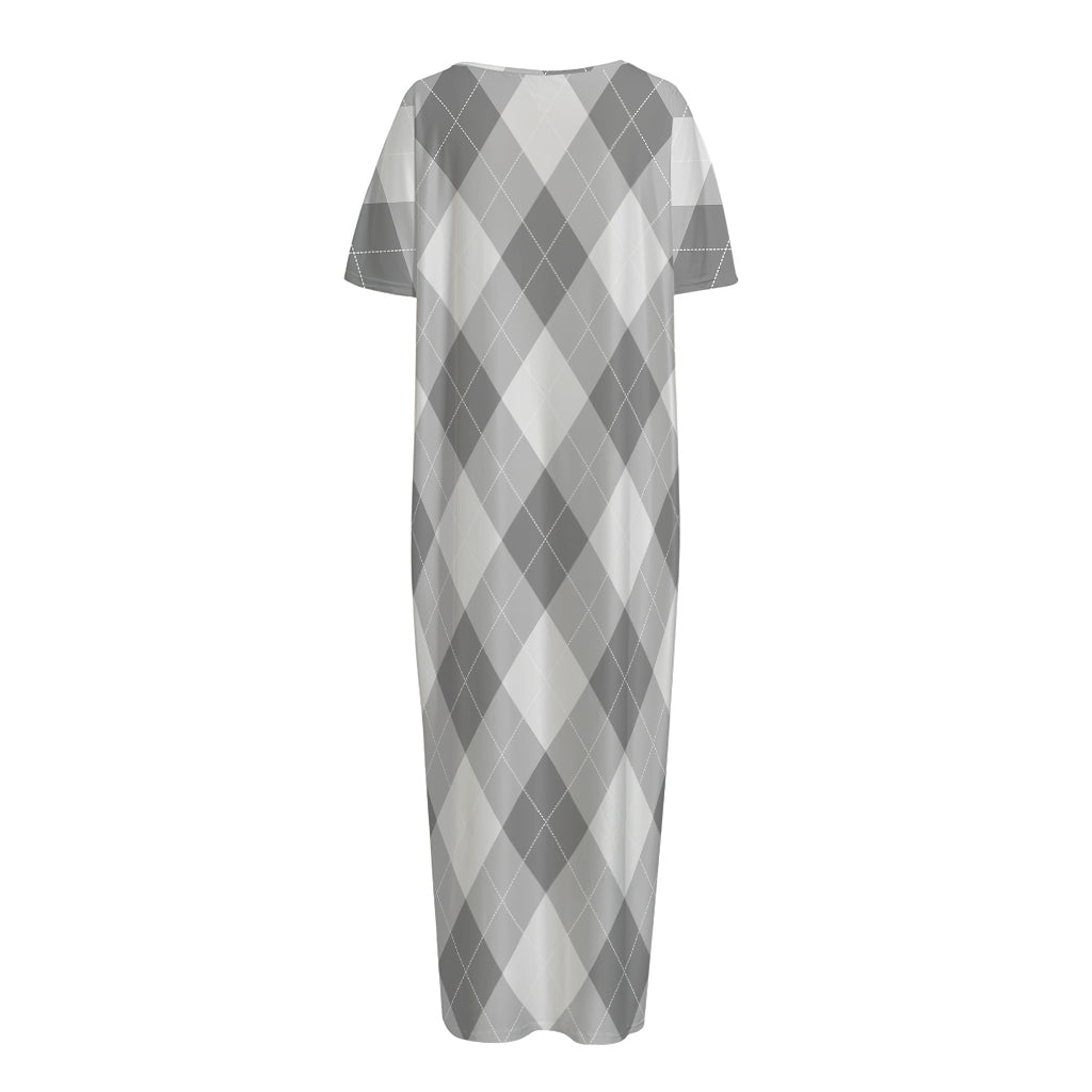 Grey Argyle Pattern Print Short Sleeve Long Nightdress
