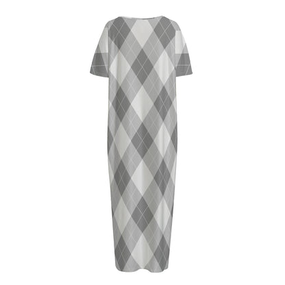 Grey Argyle Pattern Print Short Sleeve Long Nightdress