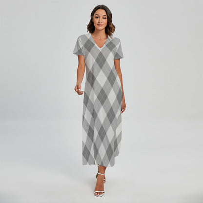 Grey Argyle Pattern Print Short Sleeve Maxi Dress