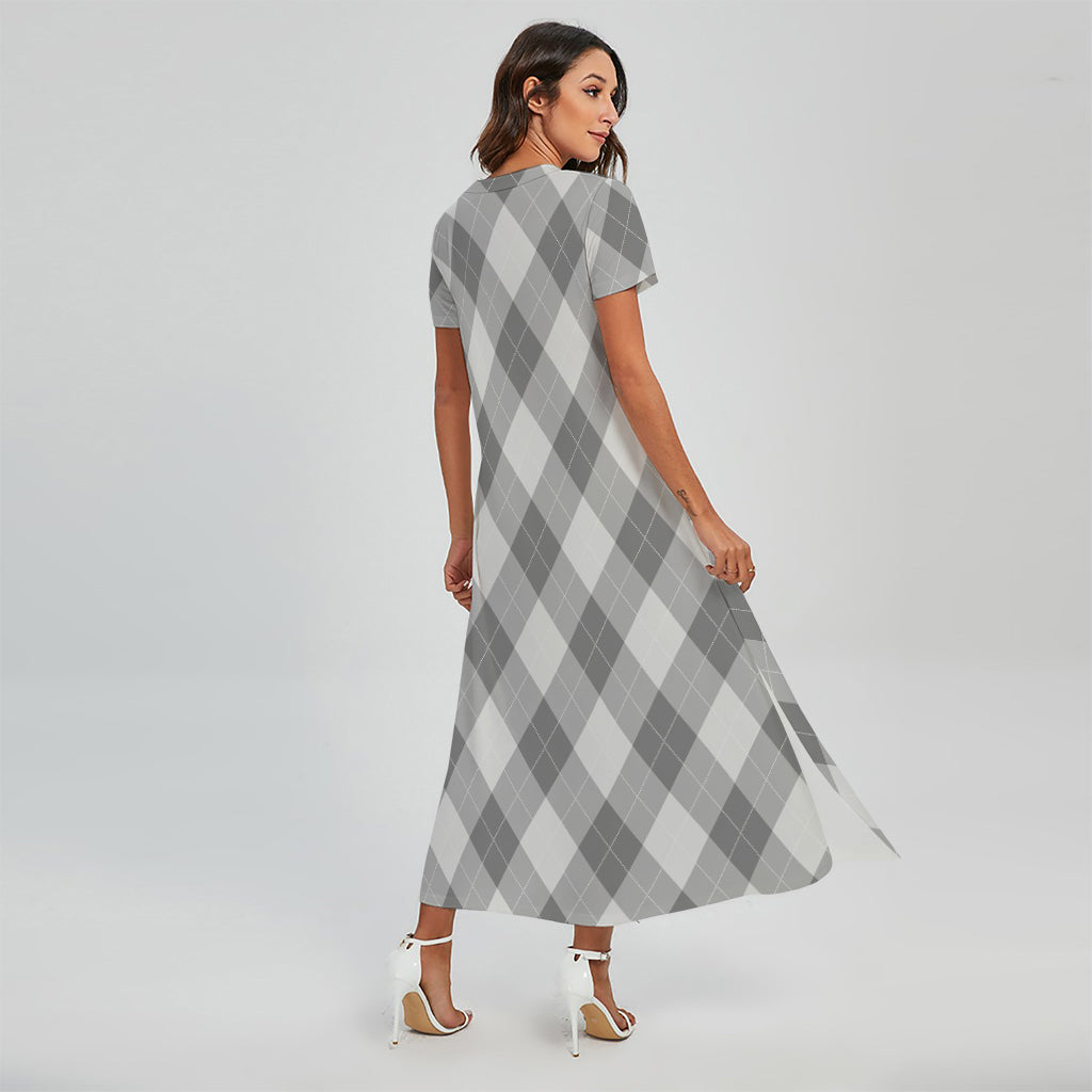 Grey Argyle Pattern Print Short Sleeve Maxi Dress