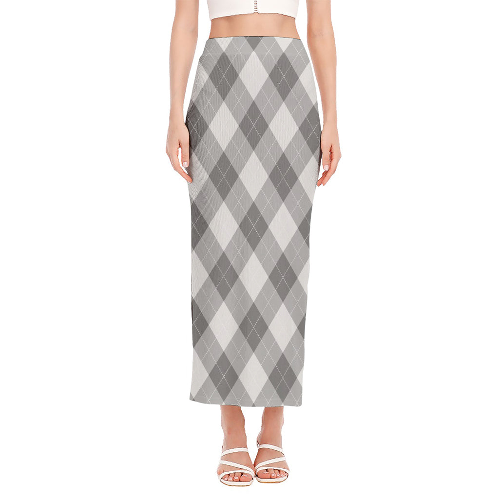 Grey Argyle Pattern Print Side Slit Maxi Skirt