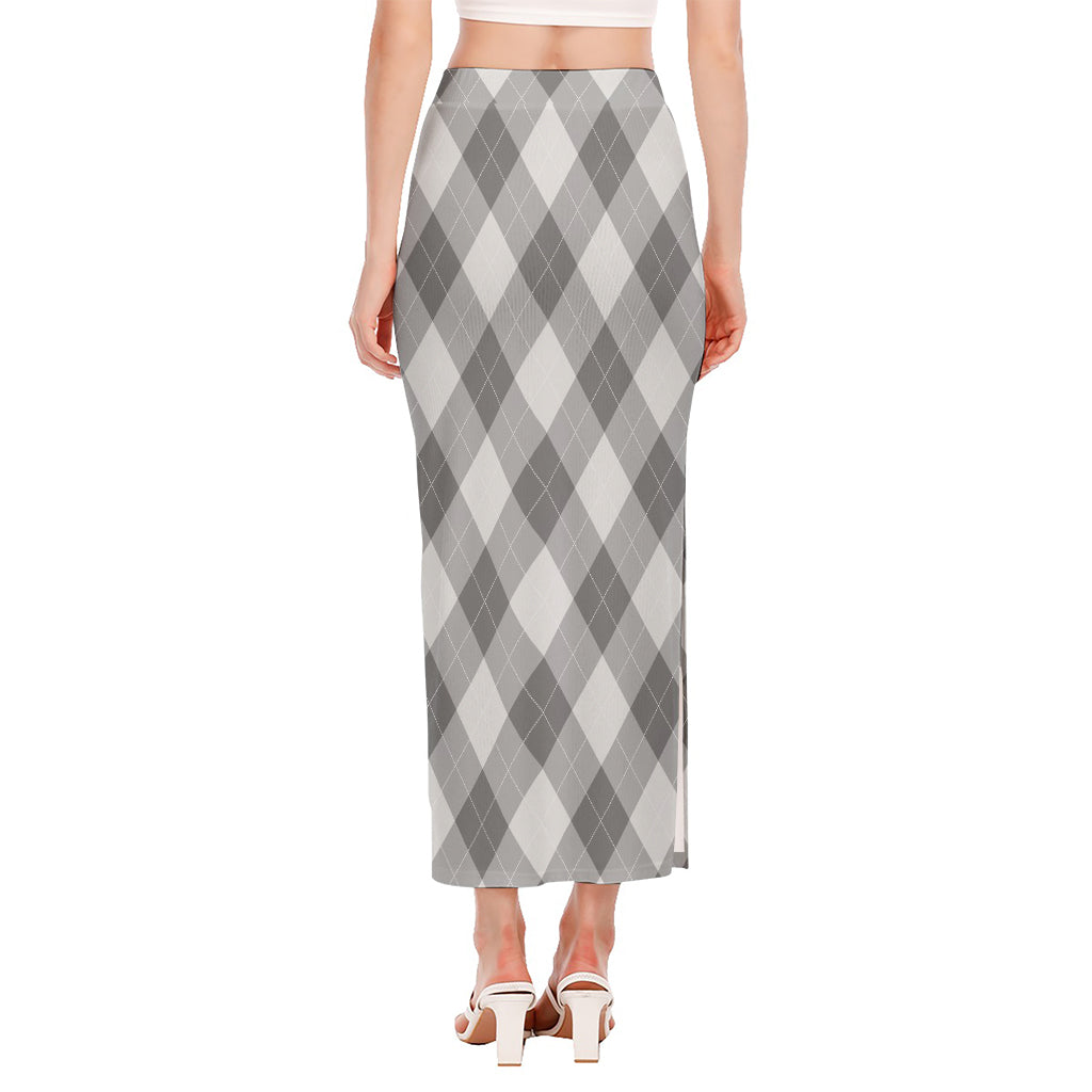 Grey Argyle Pattern Print Side Slit Maxi Skirt