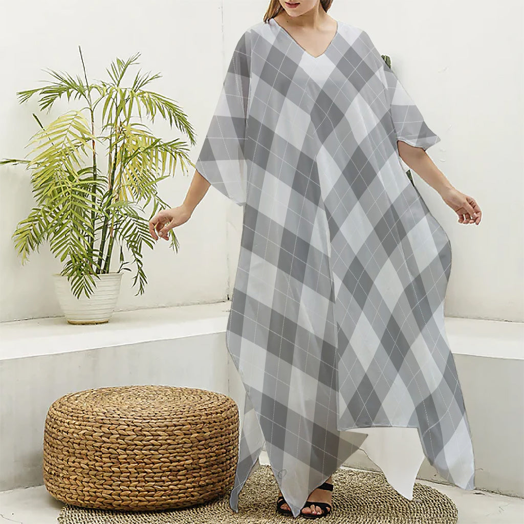 Grey Argyle Pattern Print Silk V-Neck Kaftan Dress