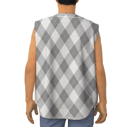 Grey Argyle Pattern Print Sleeveless Baseball Jersey
