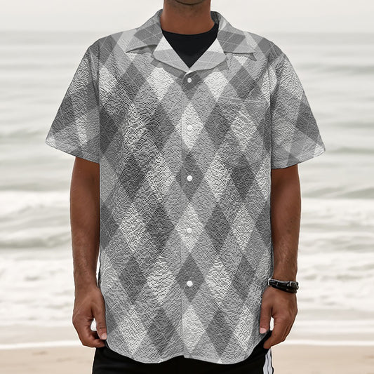 Grey Argyle Pattern Print Textured Short Sleeve Shirt