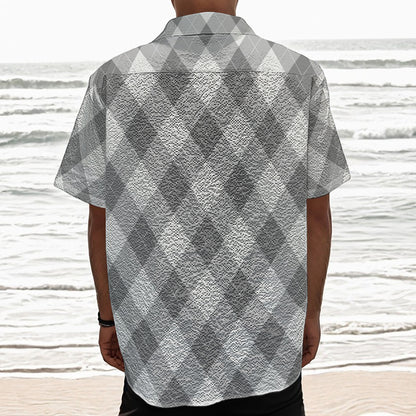 Grey Argyle Pattern Print Textured Short Sleeve Shirt